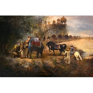 A. Q. Arif, The Mughal Entourage, 48 x 72 Inch, Oil On Canvas, Citiscape Painting, AC-AQ-392